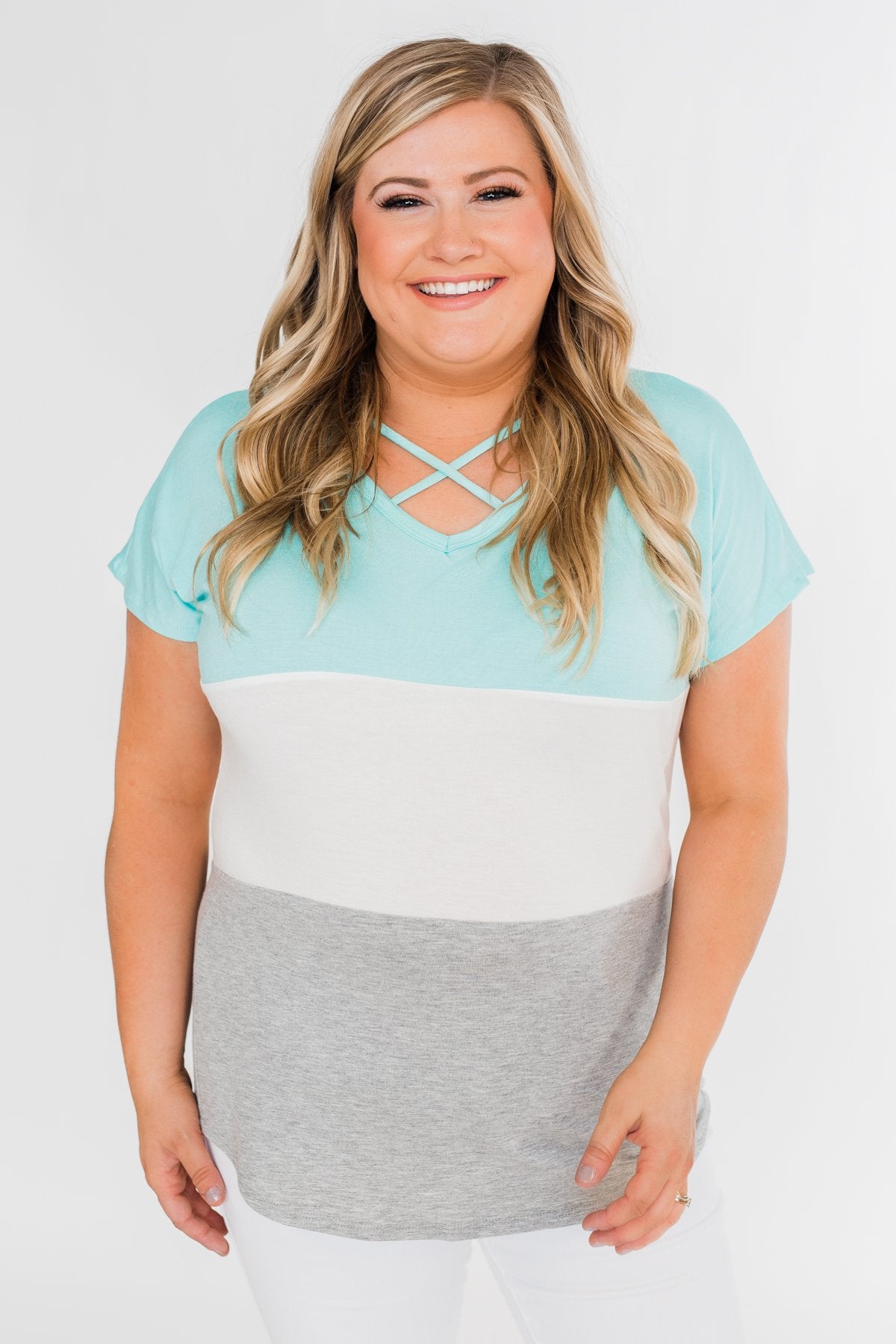 Right Here Criss Cross Color Block Top- Aqua