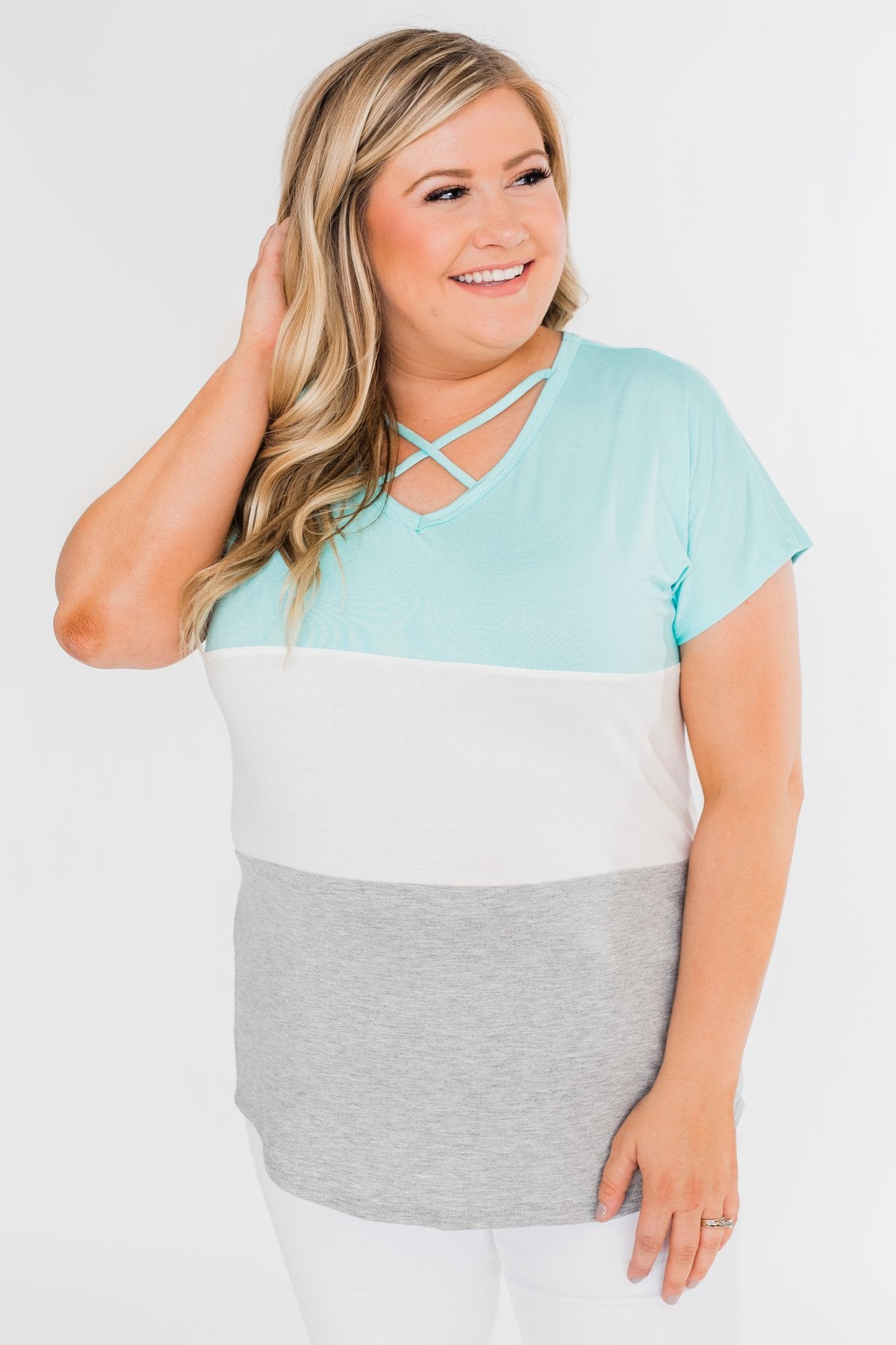 Right Here Criss Cross Color Block Top- Aqua