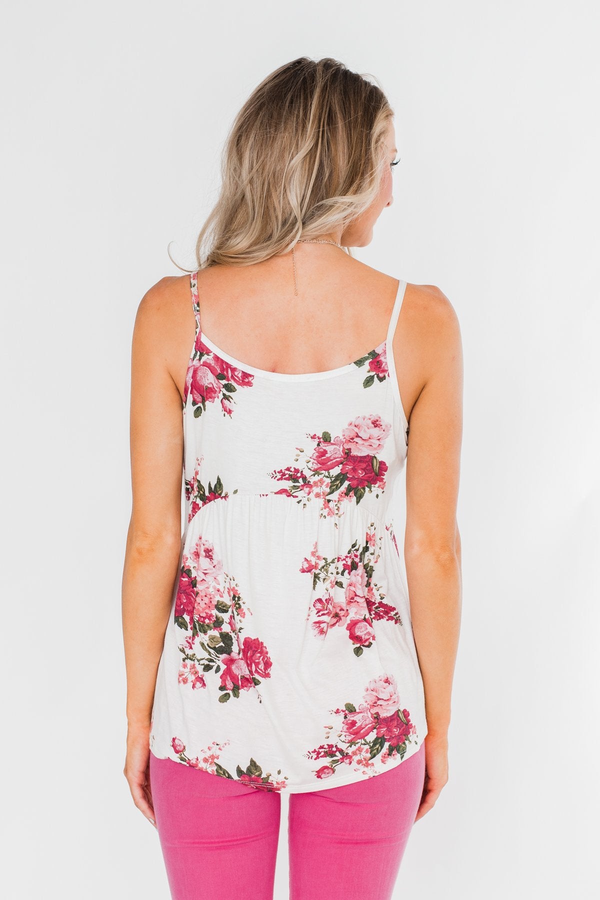 3 Button Floral Babydoll Tank Top- Ivory