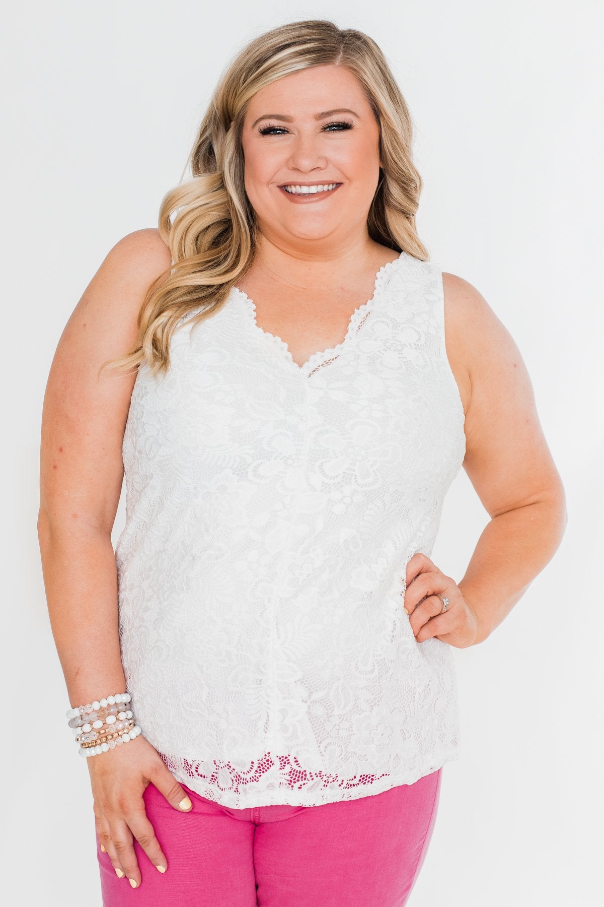 Cheers To Us V Neck Lace Tank Top Off White The Pulse Boutique