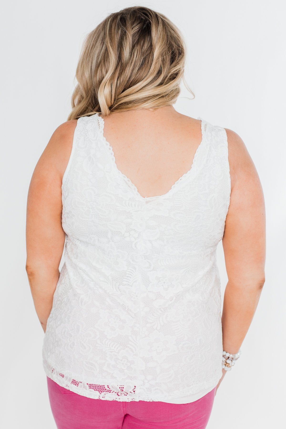 Cheers To Us V-Neck Lace Tank Top- Off White