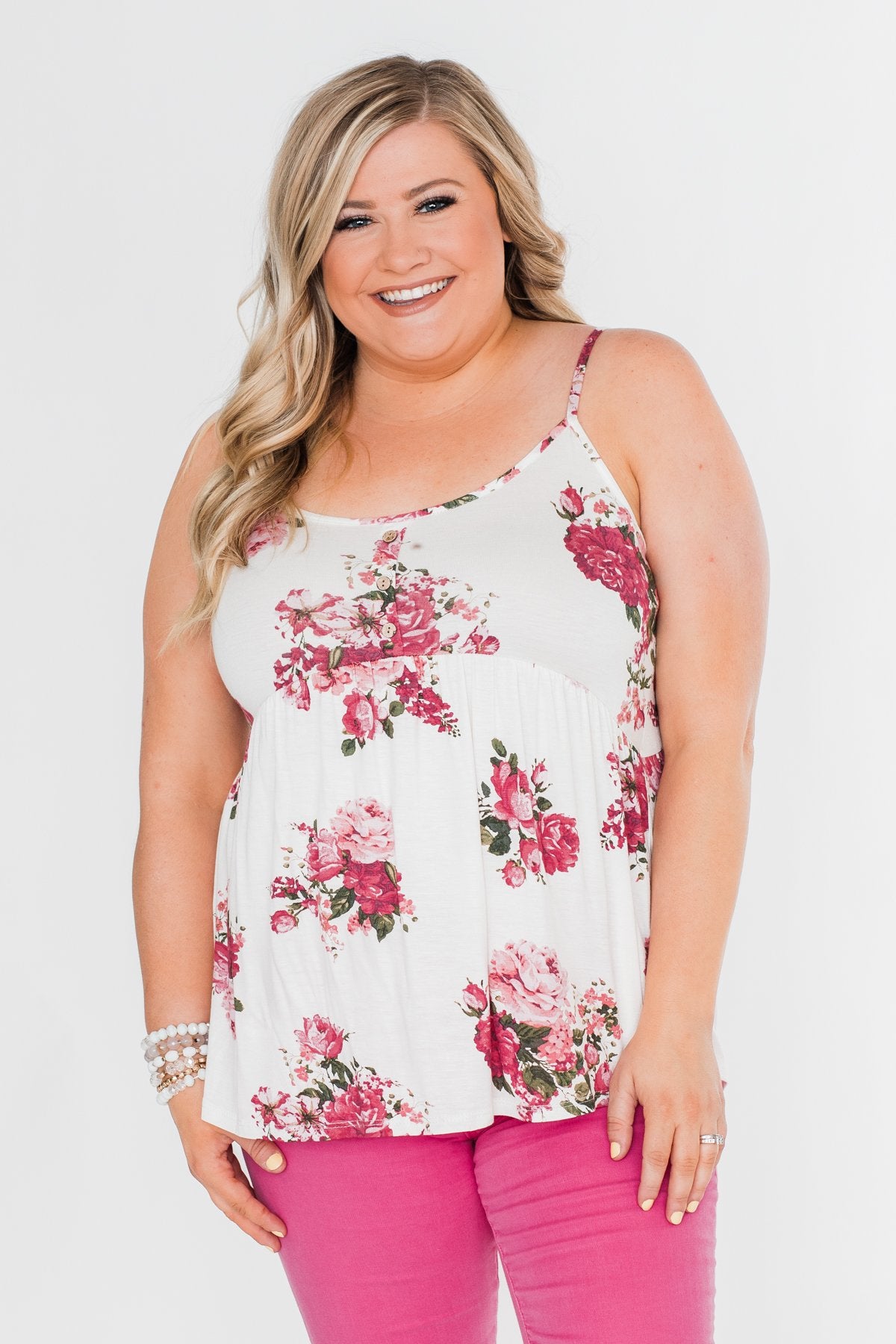 3 Button Floral Babydoll Tank Top- Ivory