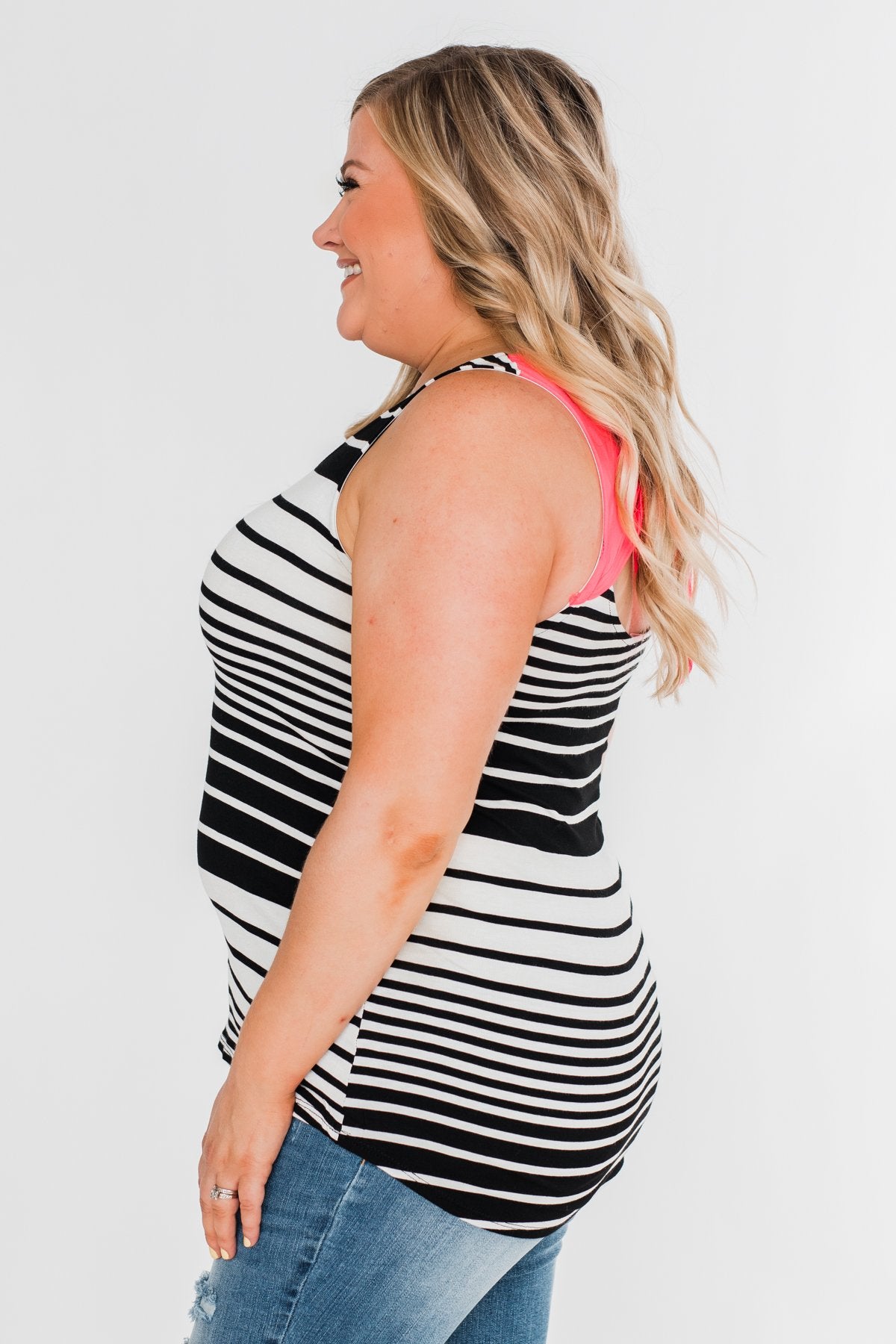 Falling For You Striped Bow Tank Top- Black & Neon Pink