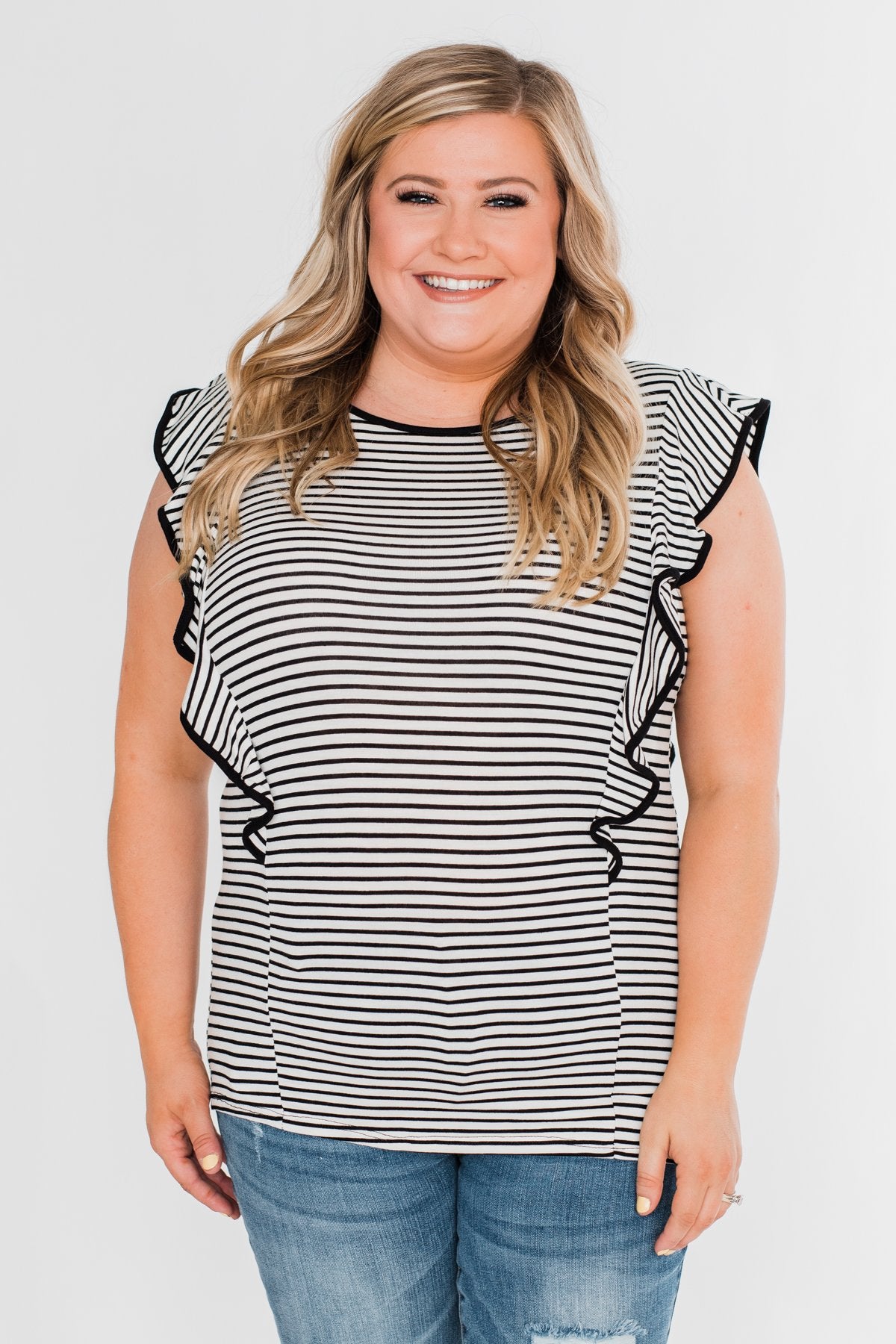 All The Good Things Striped Ruffle Top- Black & Ivory