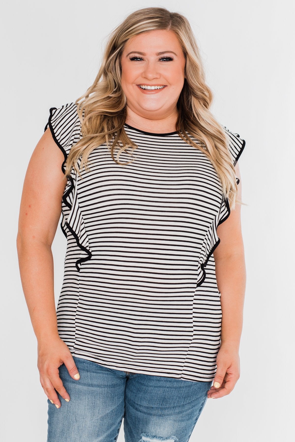 All The Good Things Striped Ruffle Top- Black & Ivory
