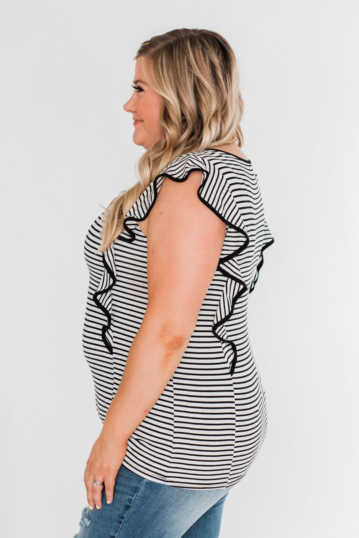 All The Good Things Striped Ruffle Top- Black & Ivory