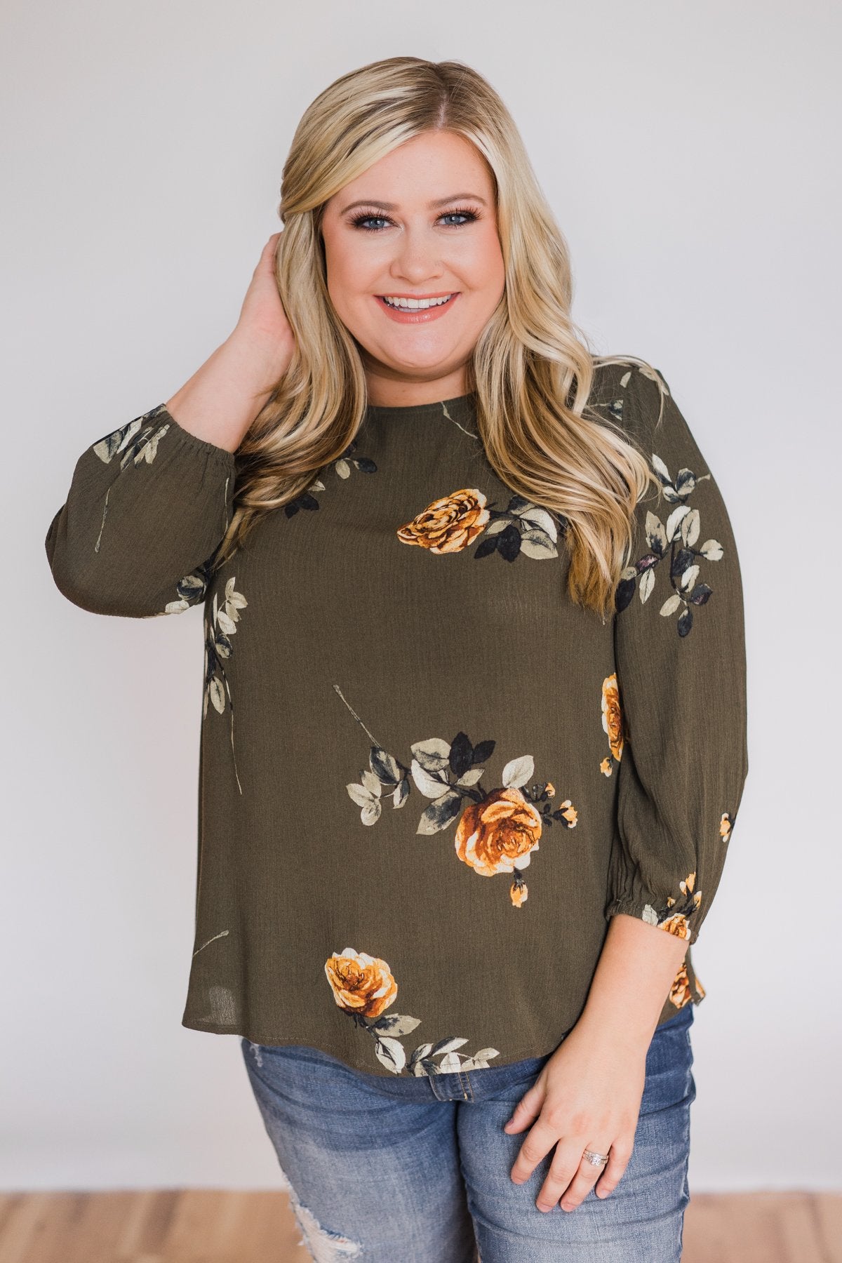 Button Up Back Floral Blouse- Hunter Green