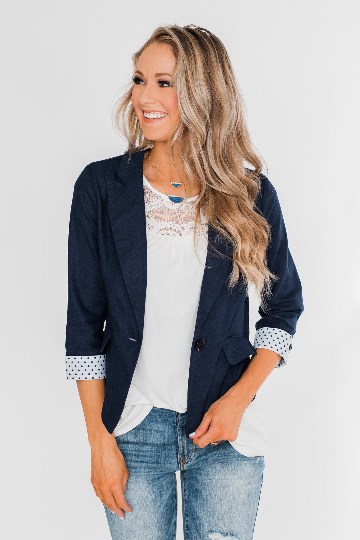 Polka Dot Cuff Blazer- Navy