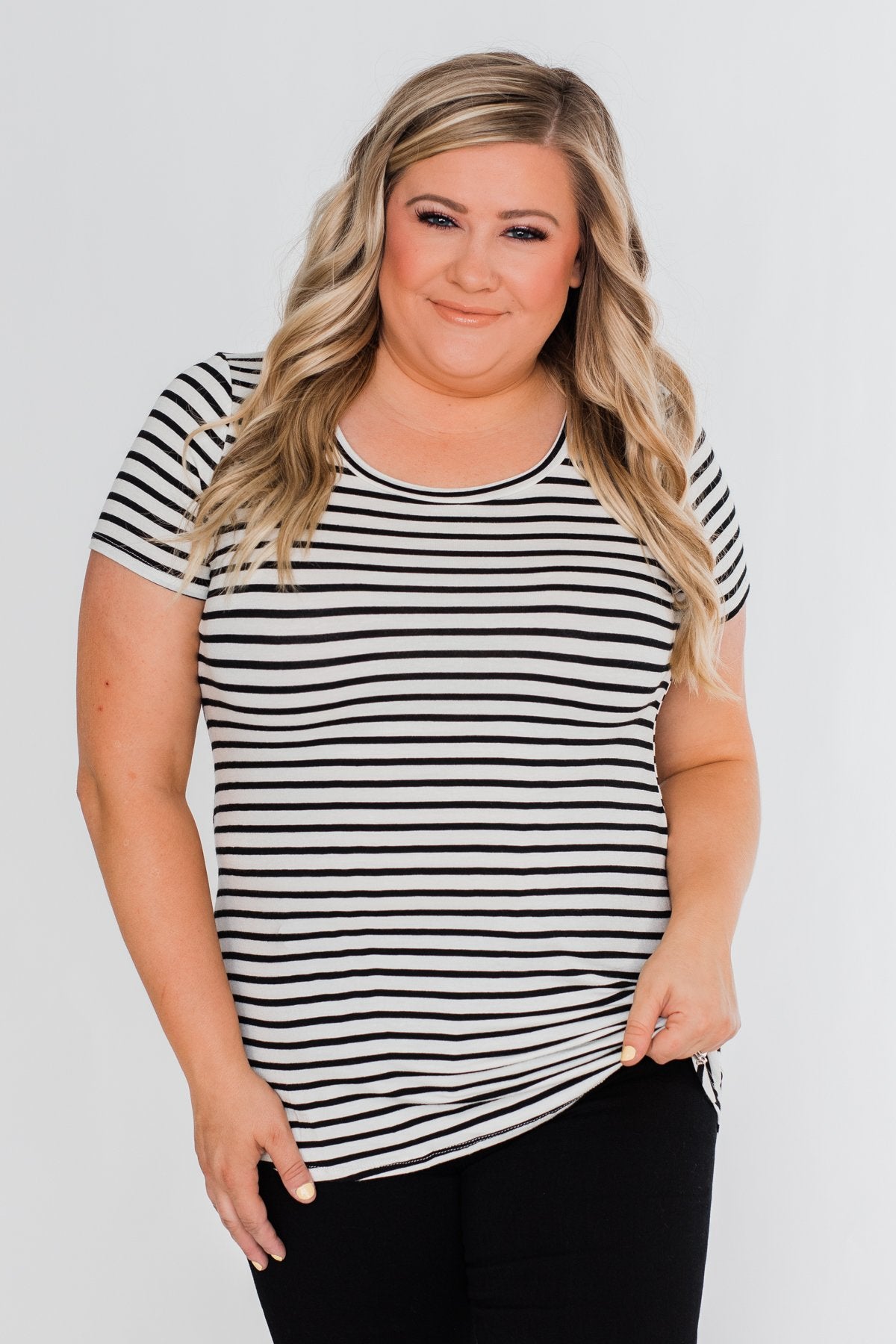 Lift Me Up Short Sleeve Striped Top- Black & Ivory
