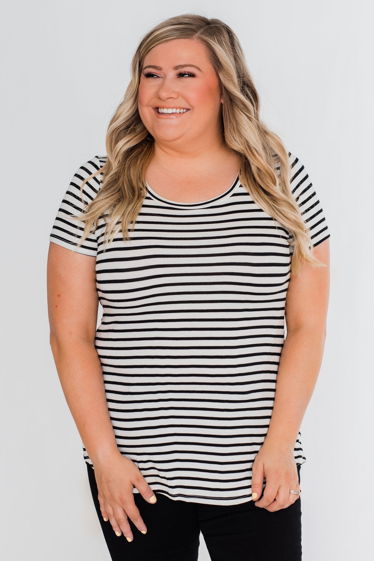 Lift Me Up Short Sleeve Striped Top- Black & Ivory