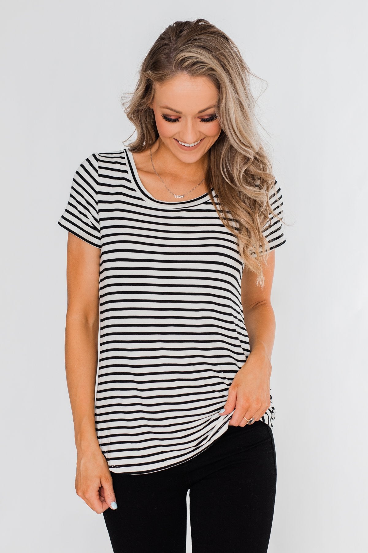 Lift Me Up Short Sleeve Striped Top- Black & Ivory