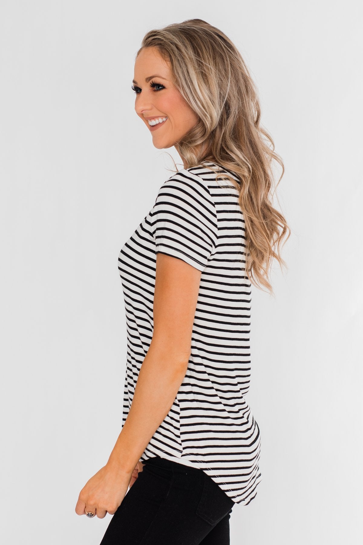 Lift Me Up Short Sleeve Striped Top- Black & Ivory