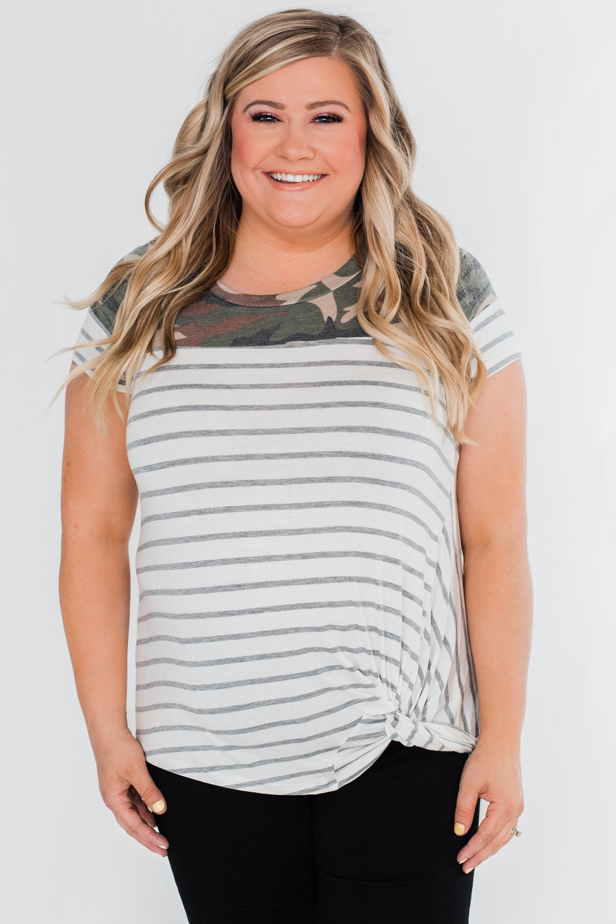 Short Sleeve Camo & Striped Knot Top- Ivory