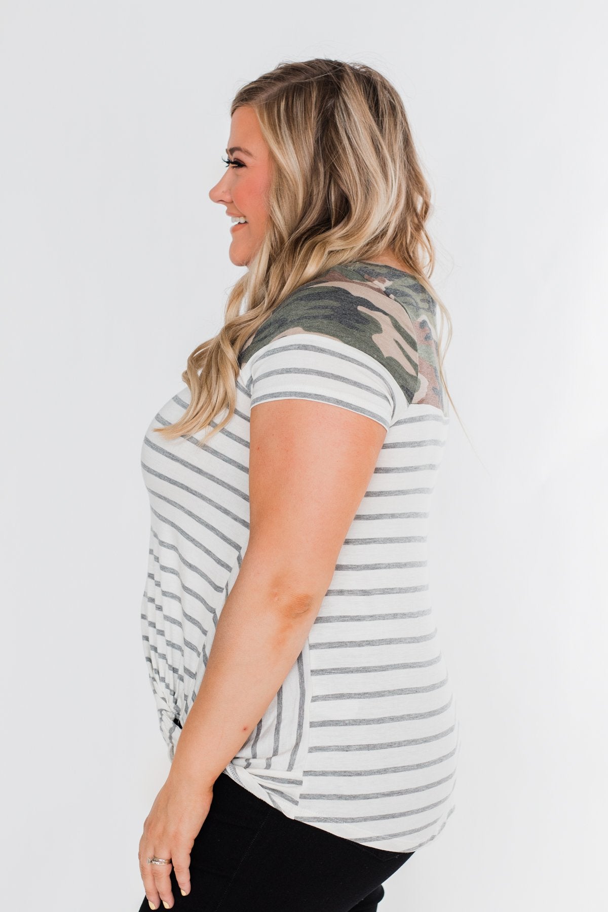 Short Sleeve Camo & Striped Knot Top- Ivory