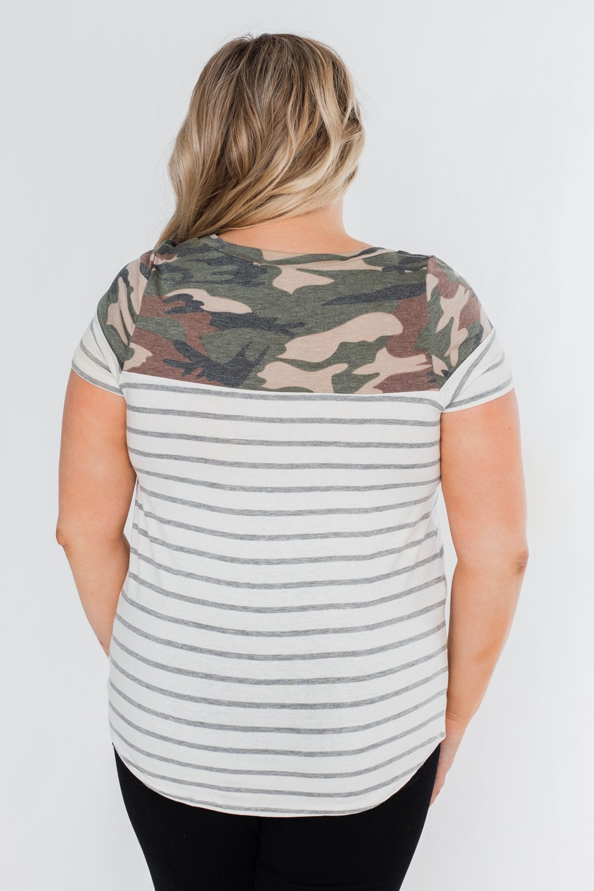 Short Sleeve Camo & Striped Knot Top- Ivory