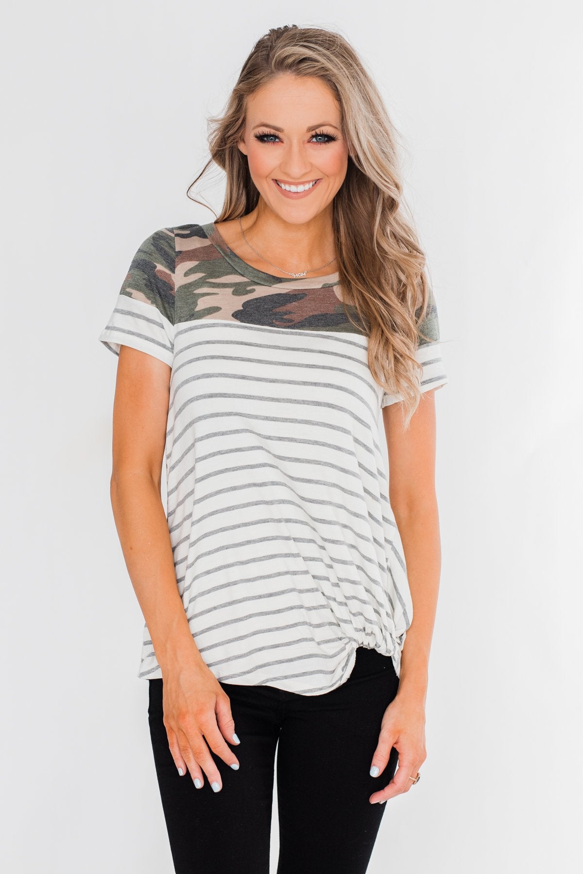 Short Sleeve Camo & Striped Knot Top- Ivory