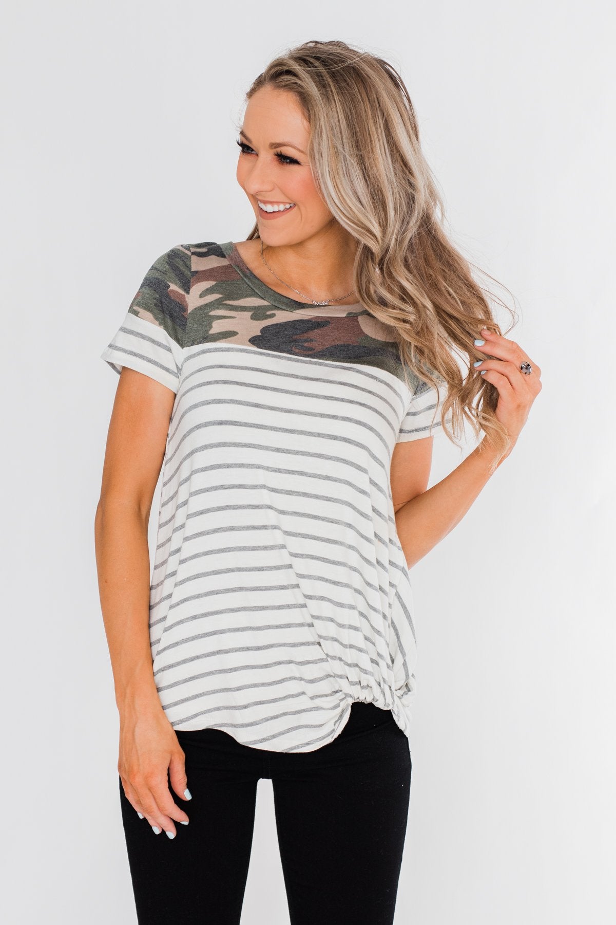 Short Sleeve Camo & Striped Knot Top- Ivory