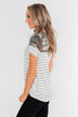 Short Sleeve Camo & Striped Knot Top- Ivory