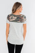 Short Sleeve Camo & Striped Knot Top- Ivory