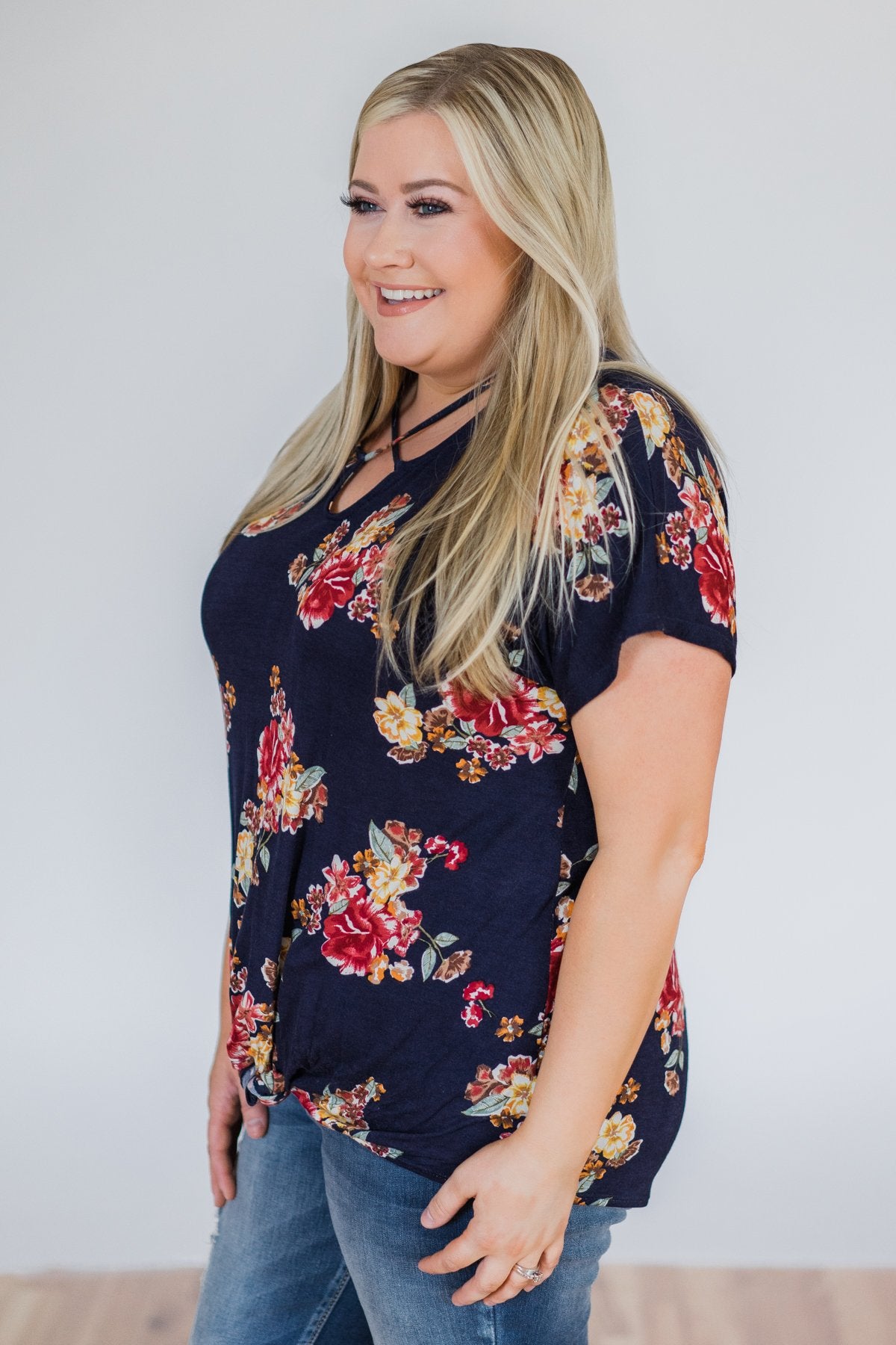 Be My Adventure Floral Criss Cross Knot Top- Navy