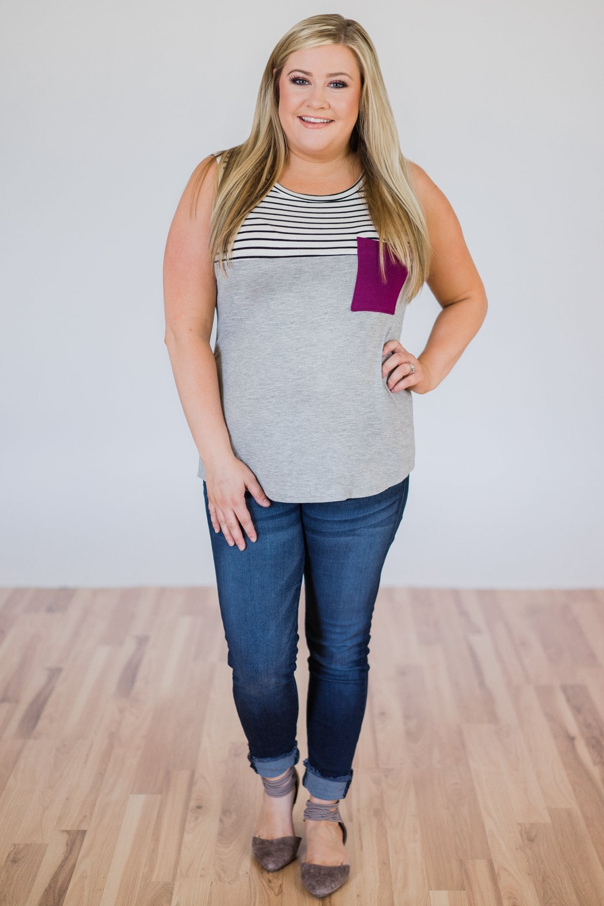 Day by Day Striped Pocket Tank Top- Magenta