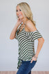 Right on Time Striped Cold Shoulder Top- Olive