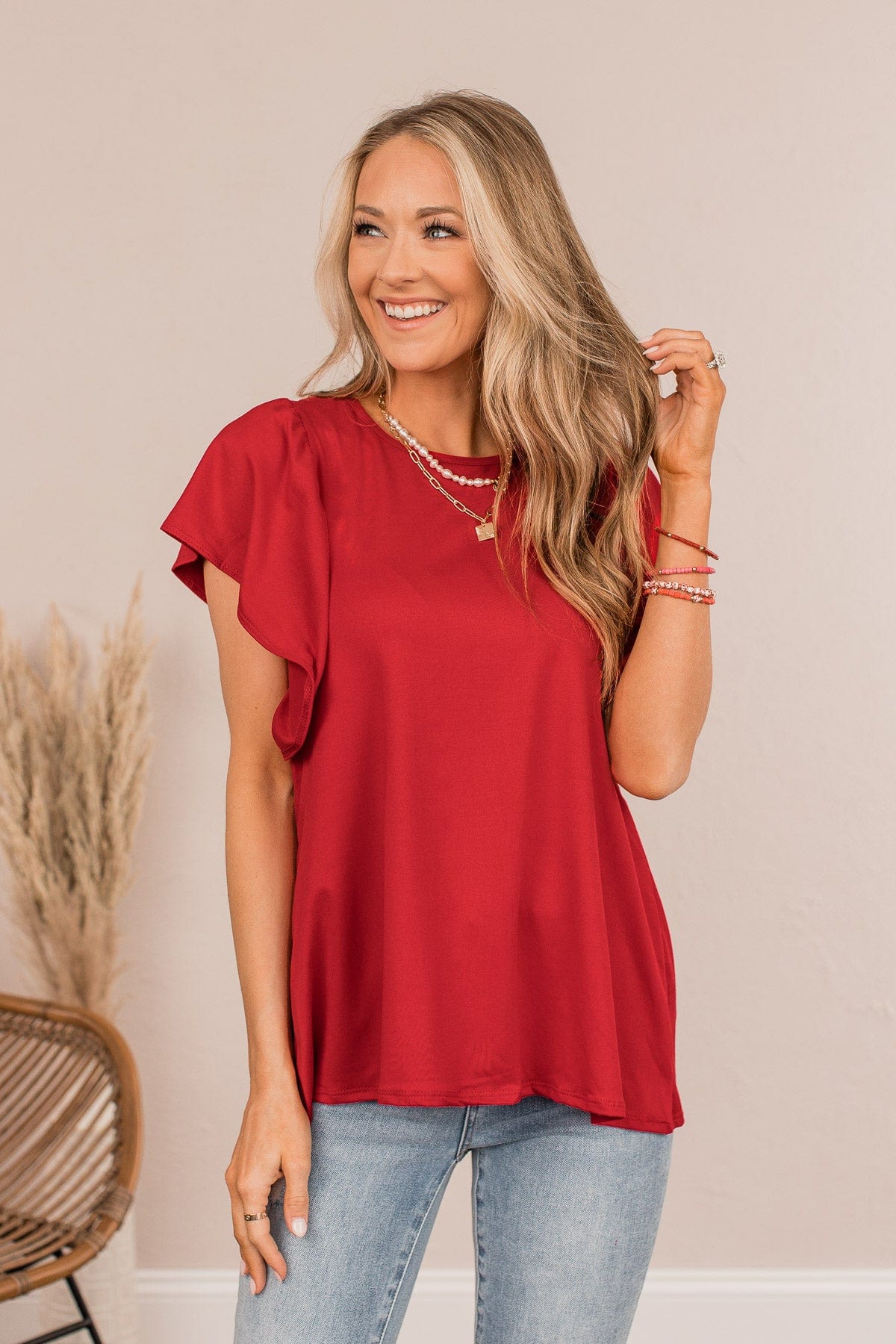 In The Afterglow Ruffle Sleeve Top- Red