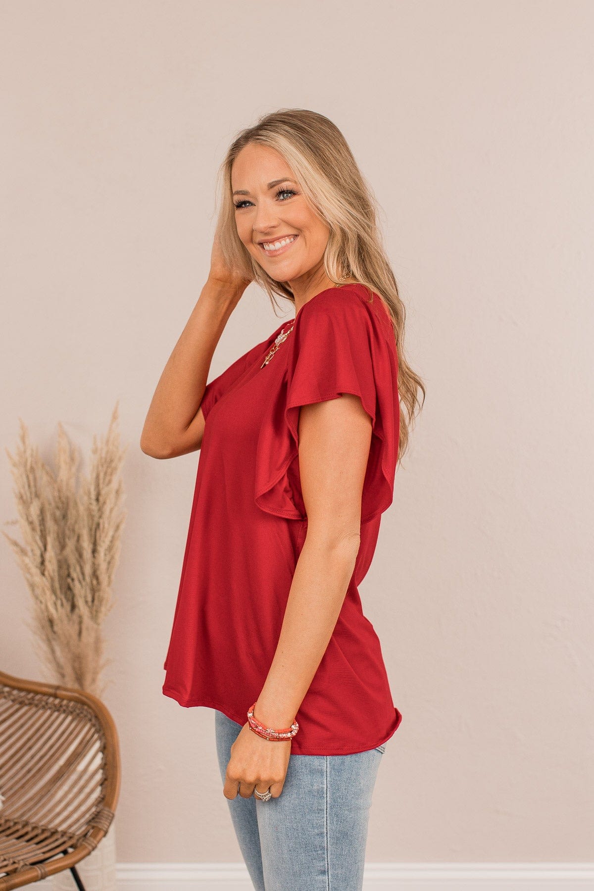 In The Afterglow Ruffle Sleeve Top- Red