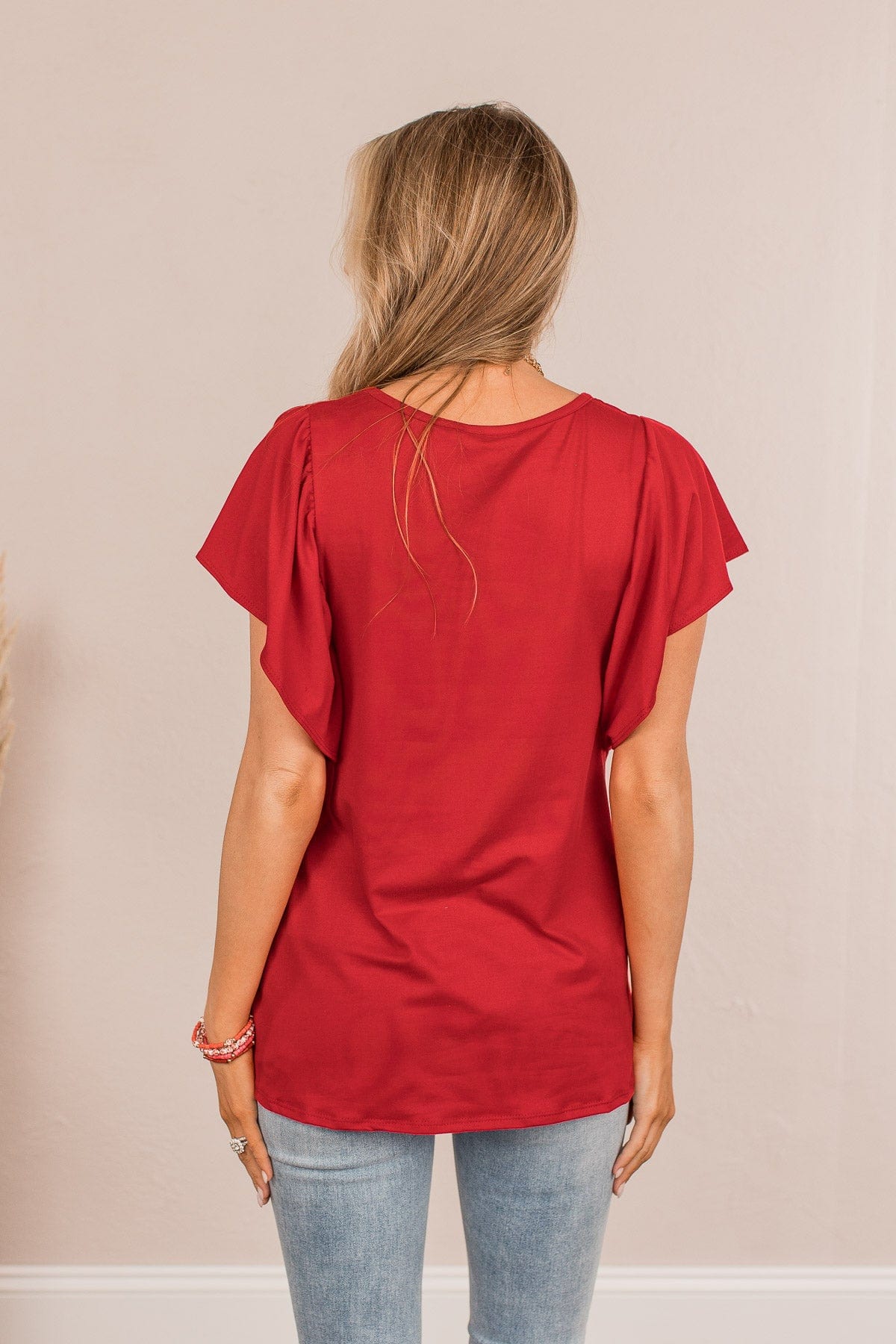 In The Afterglow Ruffle Sleeve Top- Red