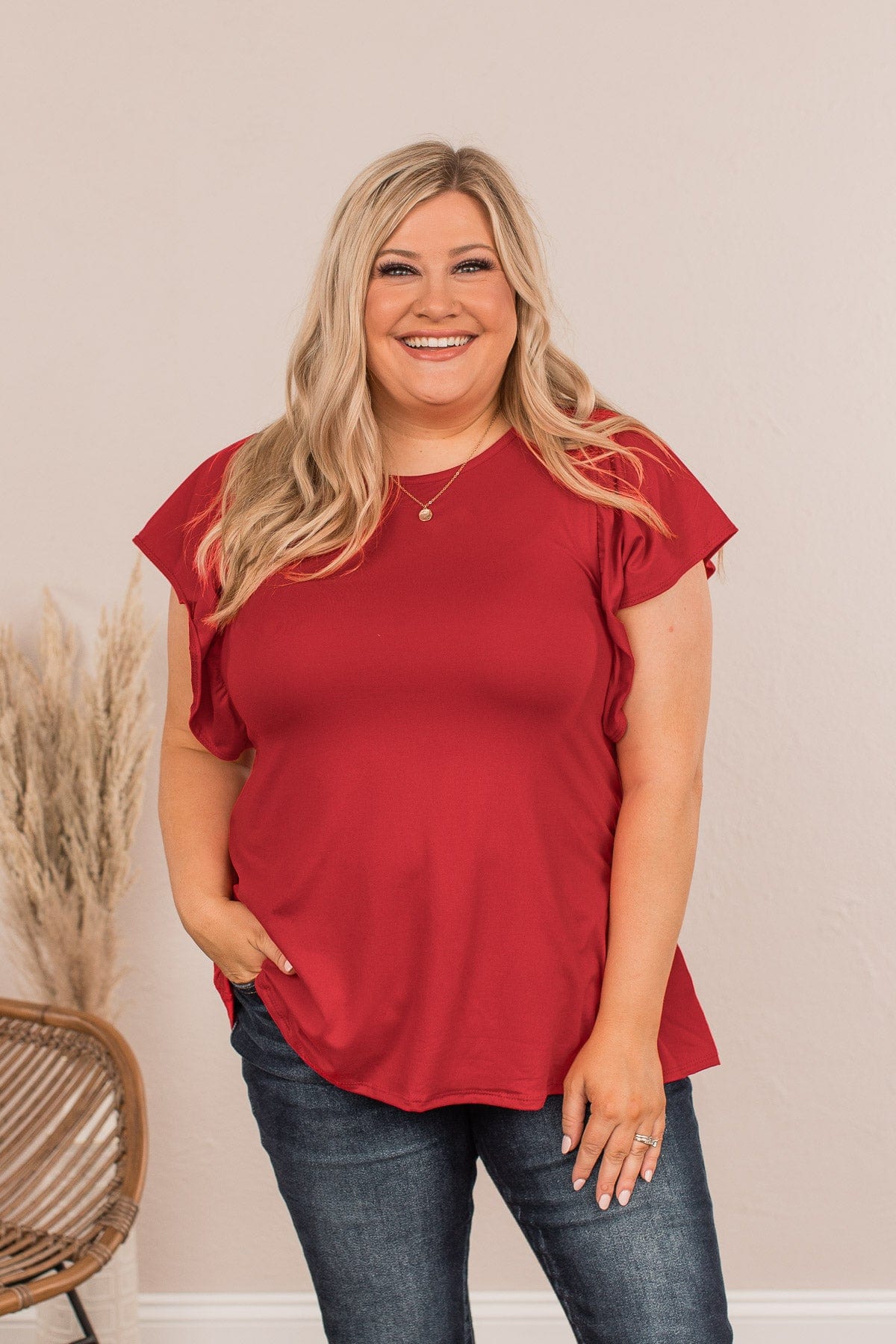 In The Afterglow Ruffle Sleeve Top- Red