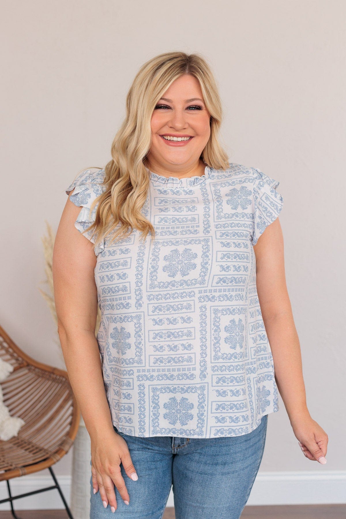 Classic Soul Patterned Blouse- Ivory & Blue