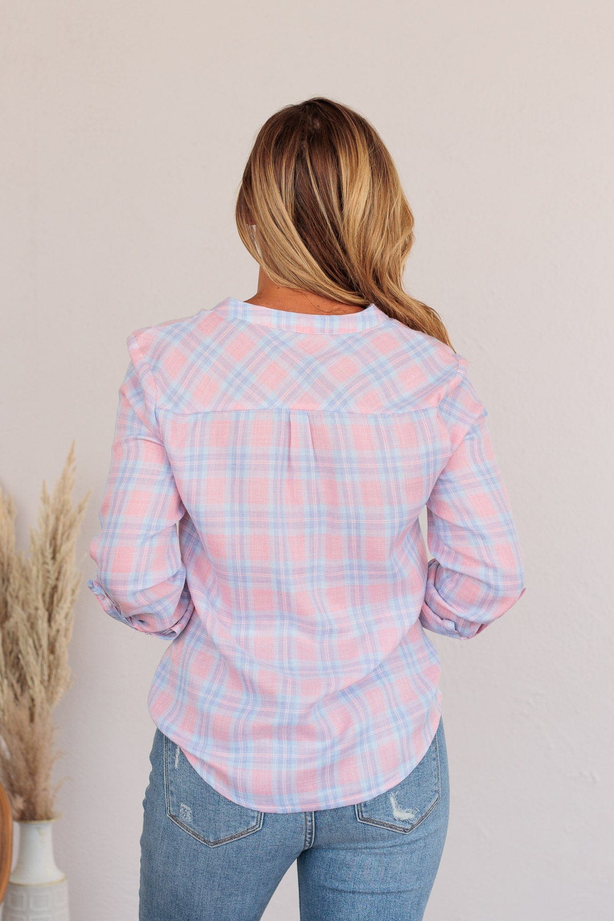 Need Some Clarity Plaid Pocket Top- Pink