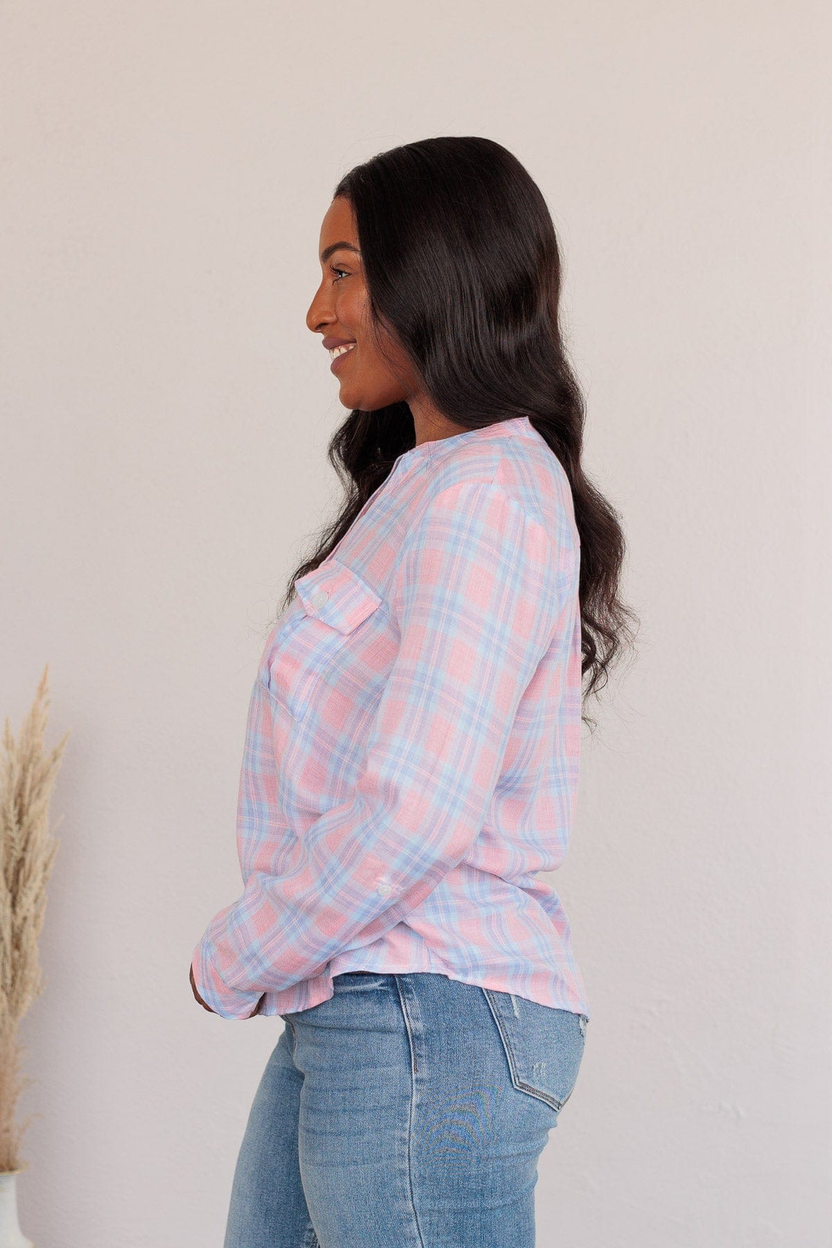Need Some Clarity Plaid Pocket Top- Pink
