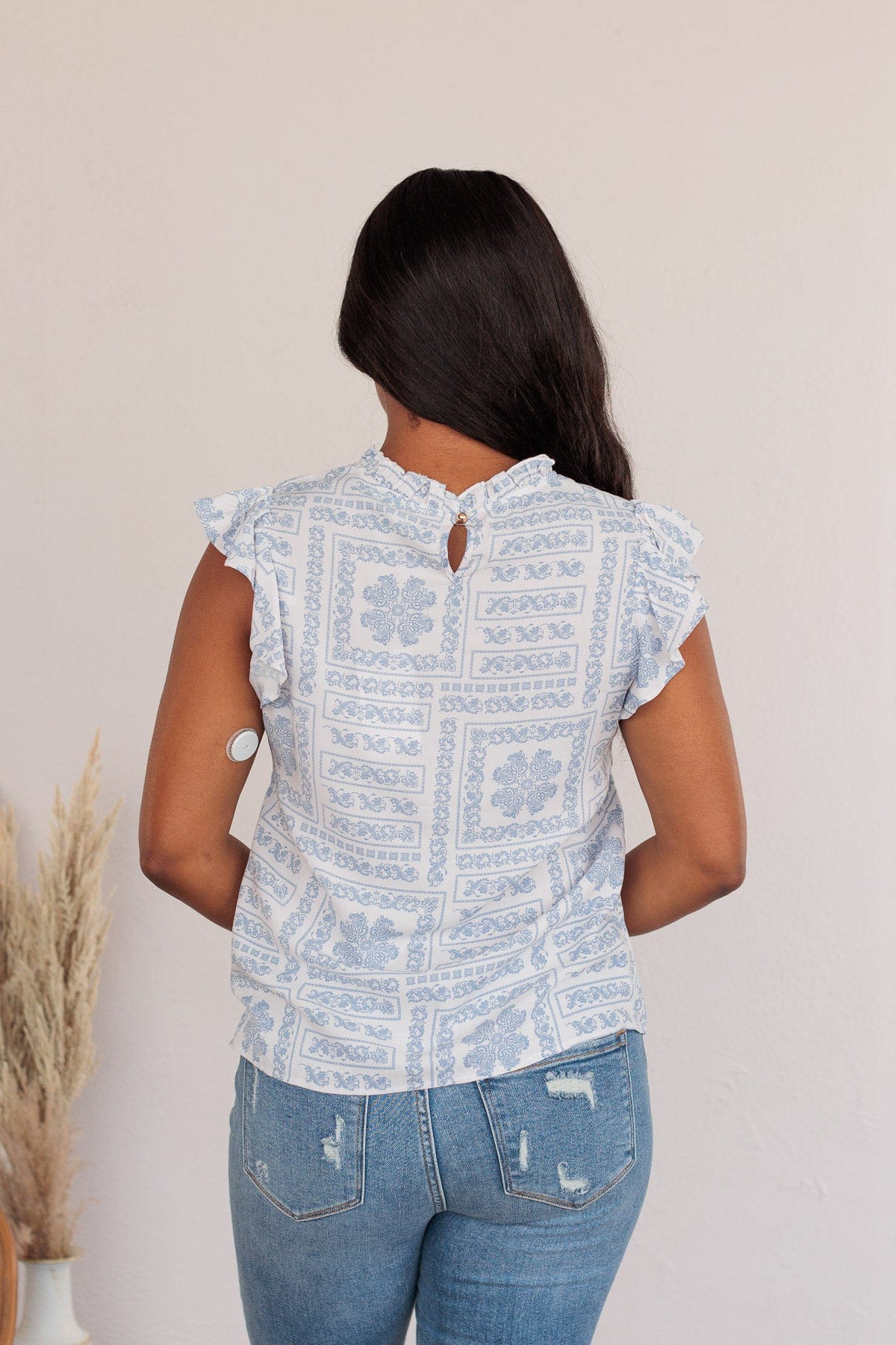 Classic Soul Patterned Blouse- Ivory & Blue