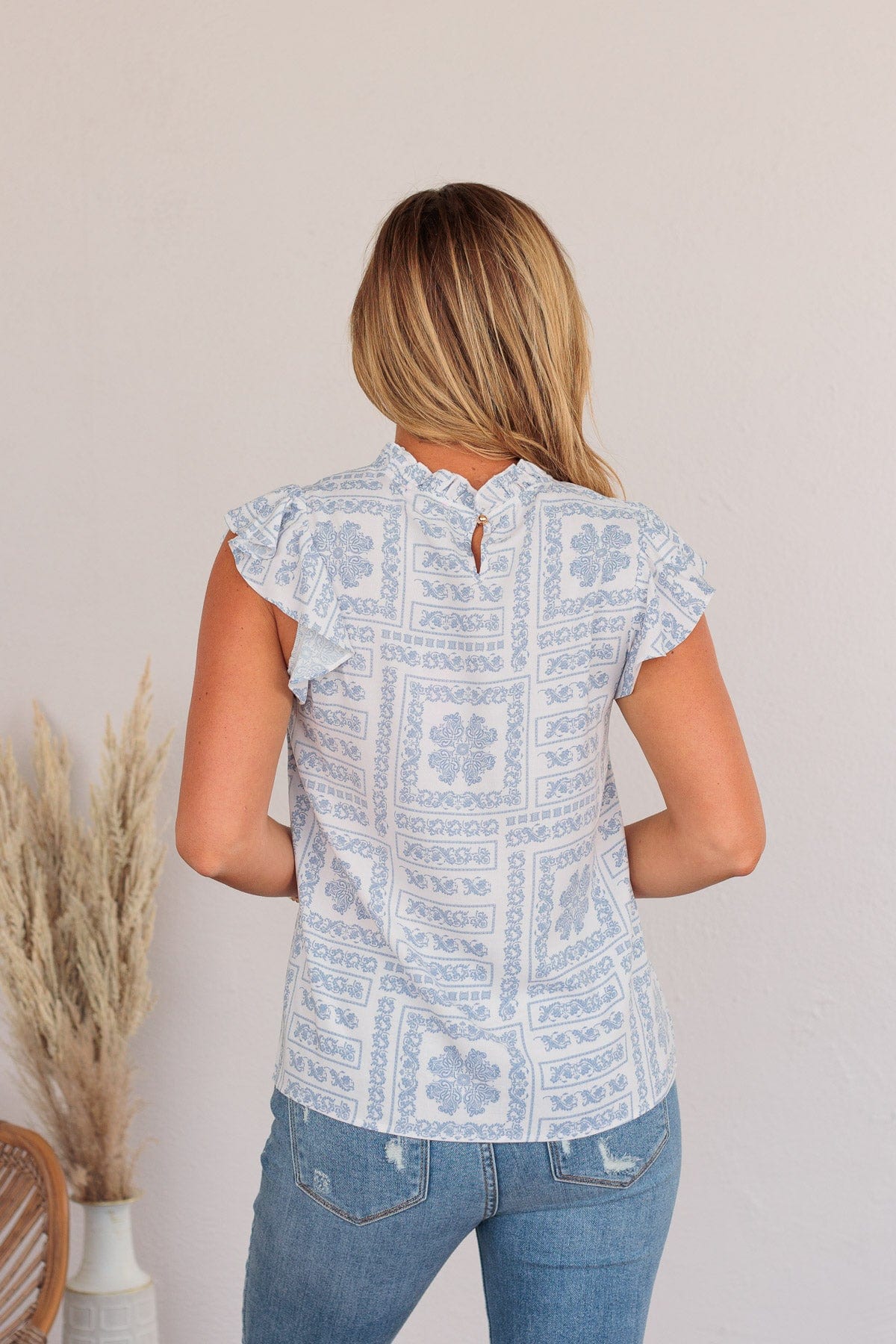 Classic Soul Patterned Blouse- Ivory & Blue