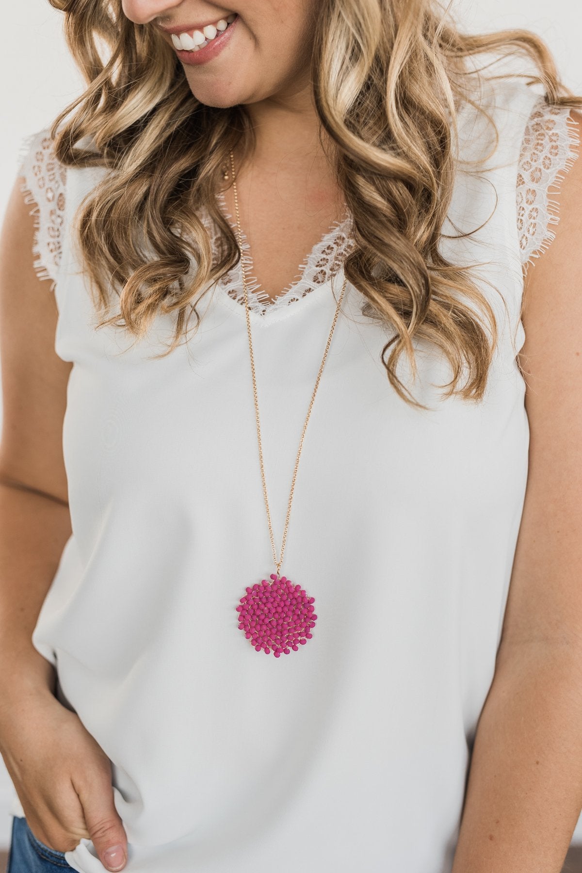 Circle Beaded Necklace- Dusty Fuchsia