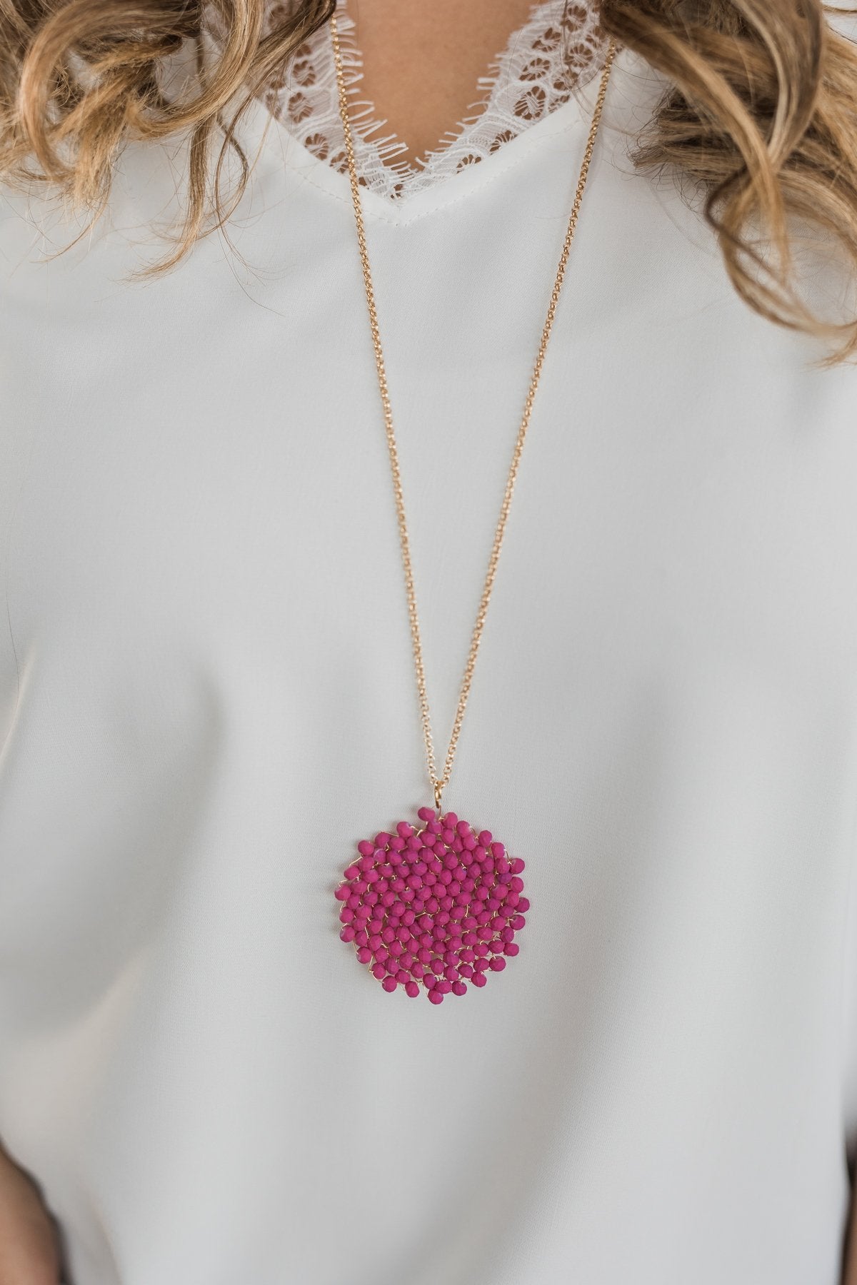 Circle Beaded Necklace- Dusty Fuchsia