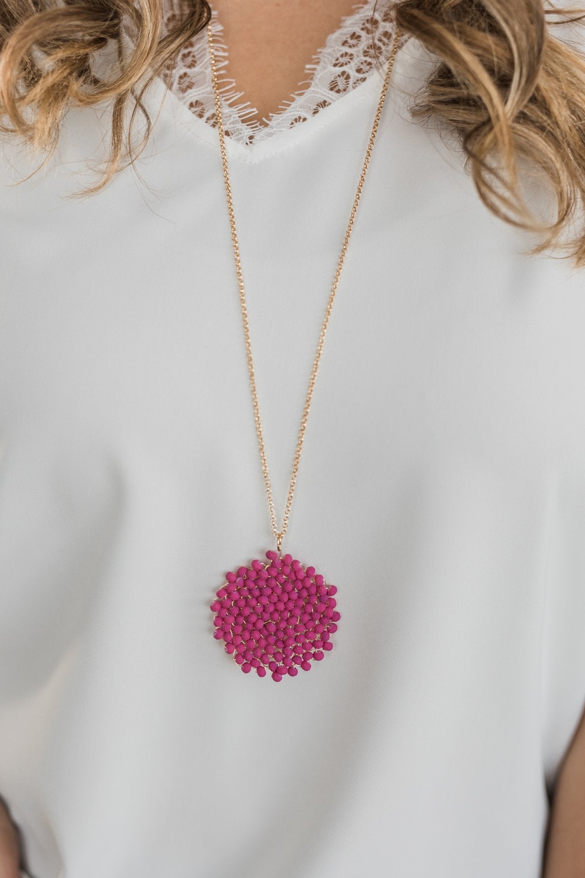 Circle Beaded Necklace- Dusty Fuchsia