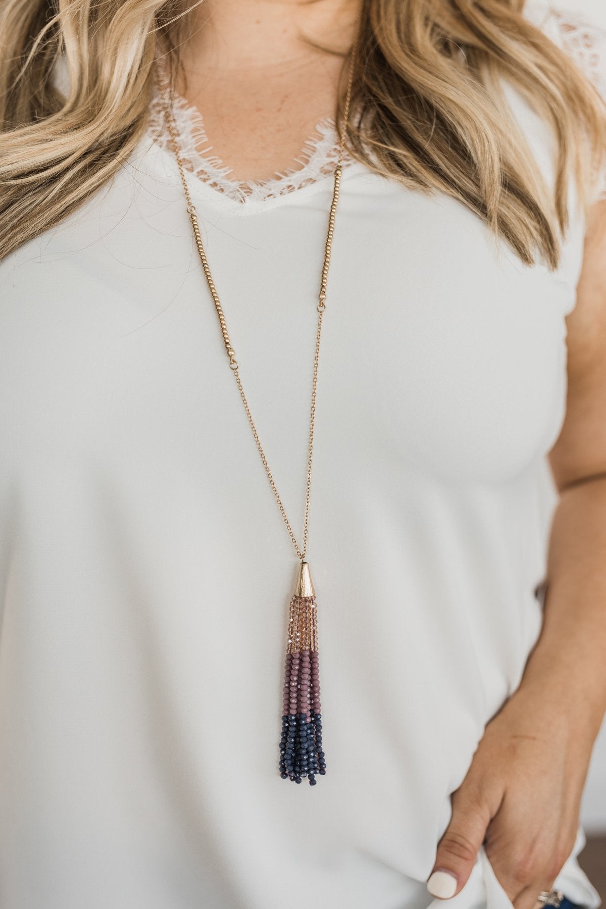 Cute & Chic Long Beaded Tassel Necklace- Purple