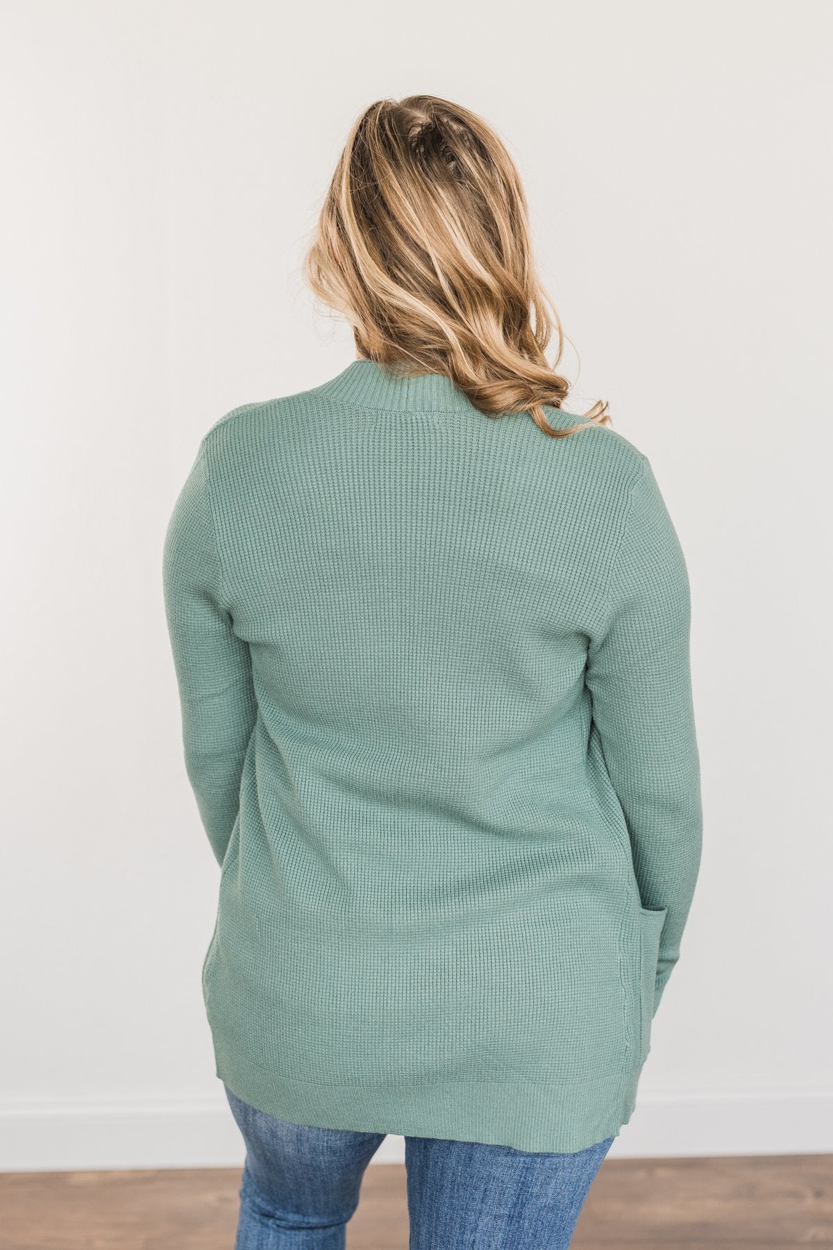 Cloud Nine Waffle Knit Cardigan- Dusty Jade
