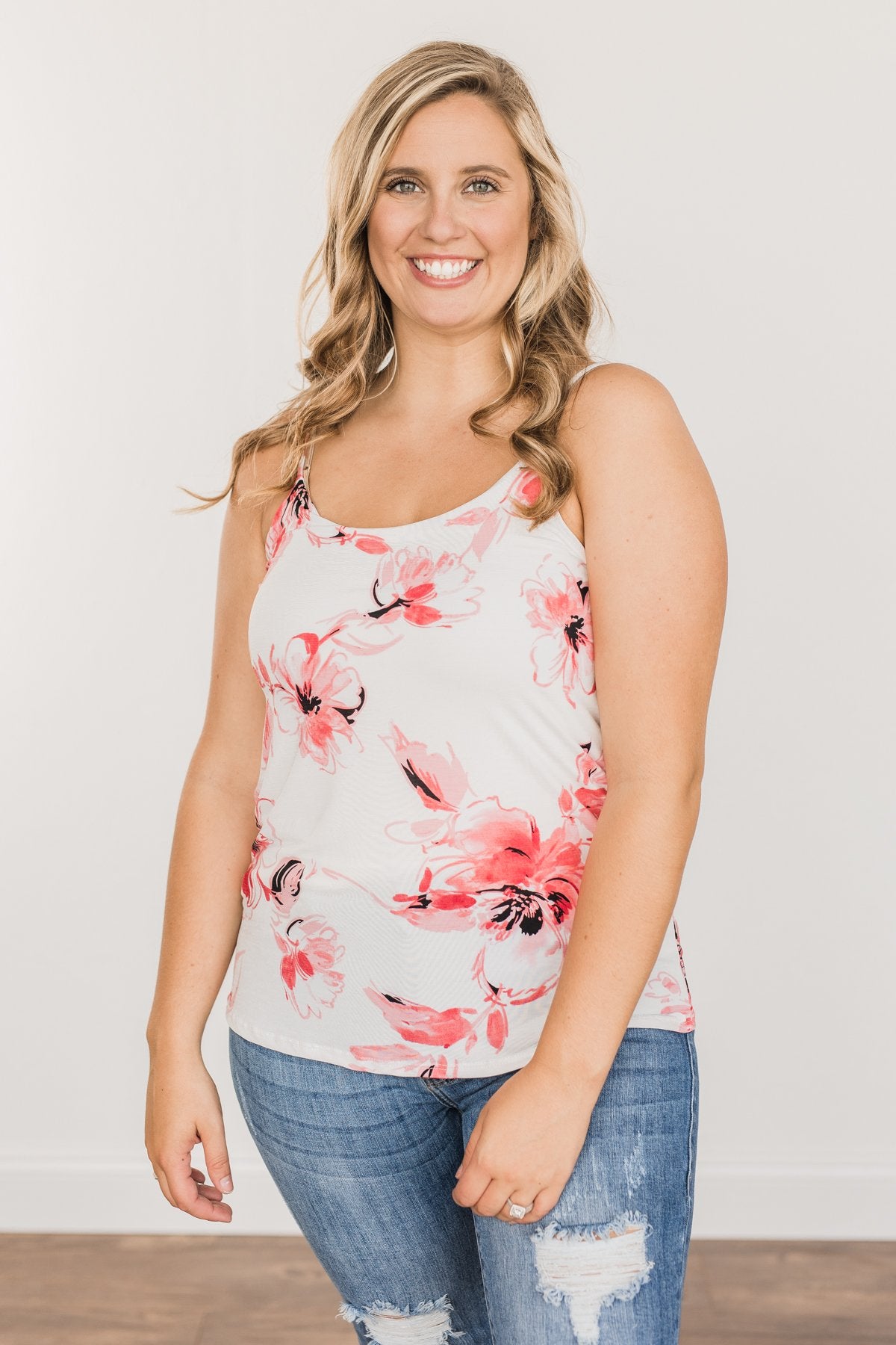 Sweet & Sunkissed Floral Tank Top- Ivory & Coral