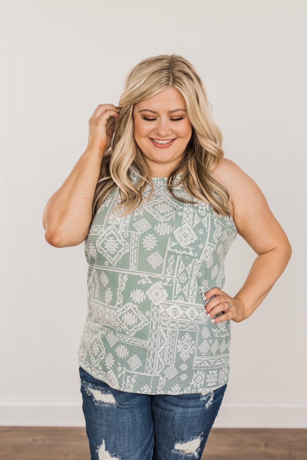Simply Happy Geometric Print Tank Top- Dusty Teal