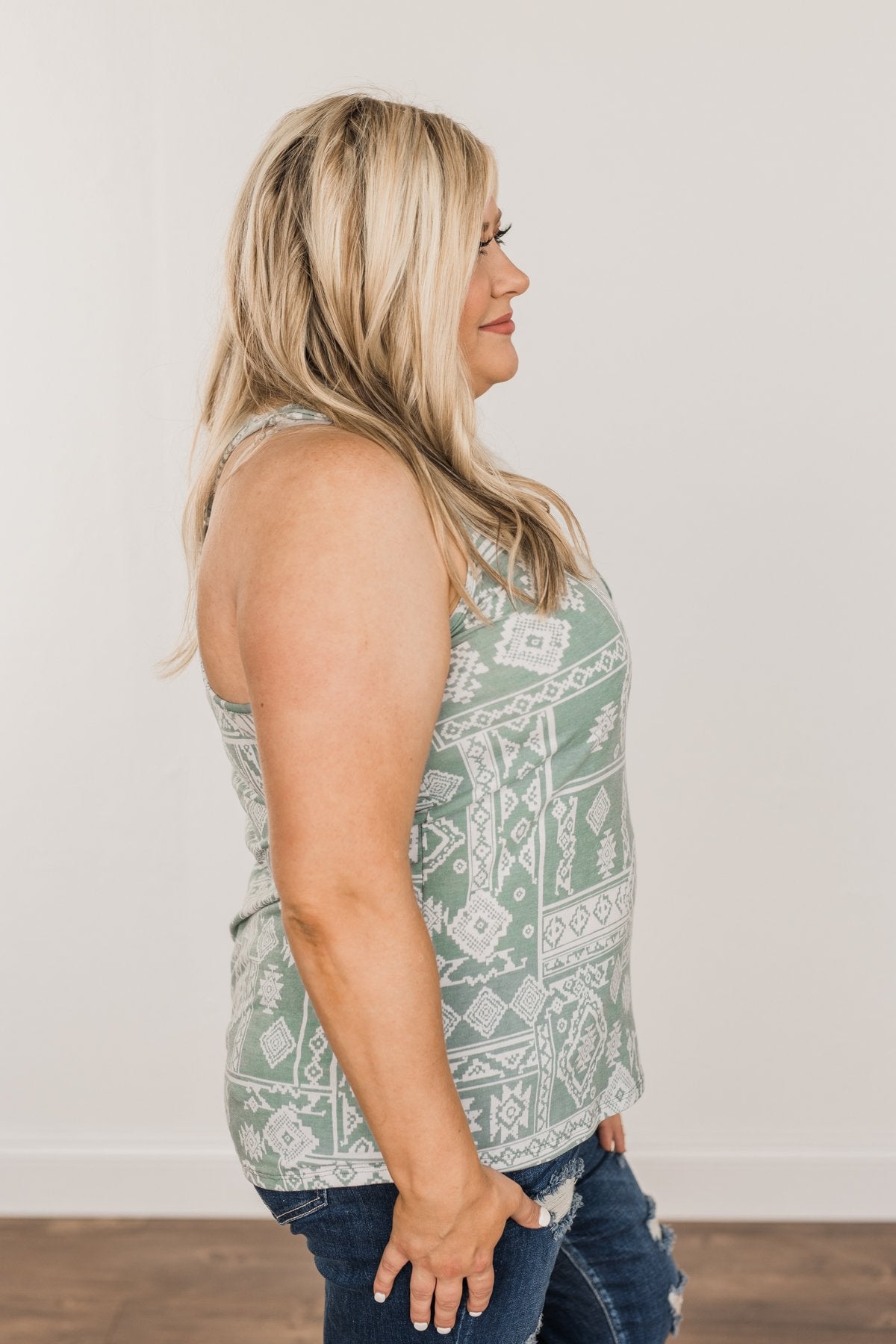 Simply Happy Geometric Print Tank Top- Dusty Teal