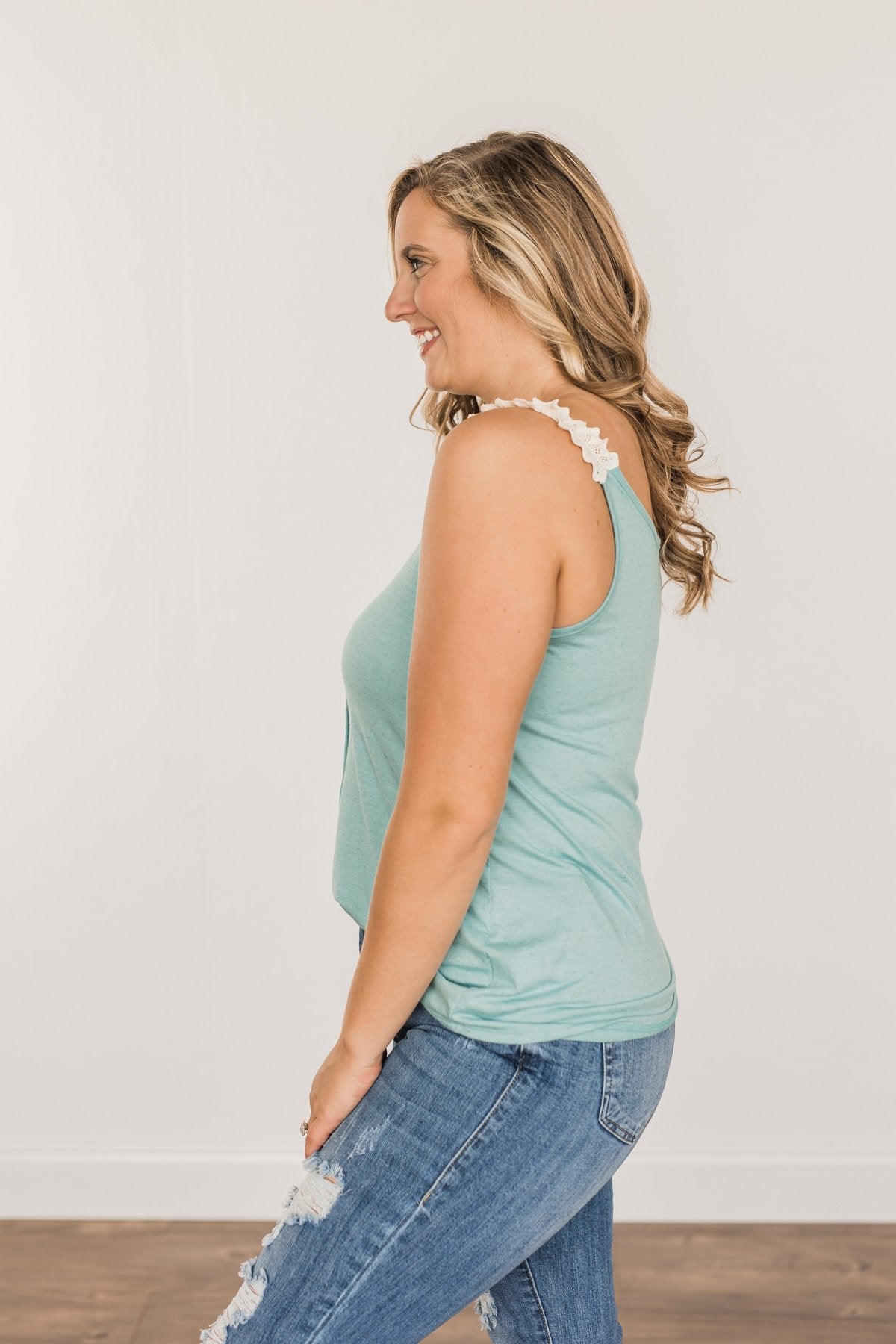 Choose Hope Lace Tank Top- Soft Turquoise