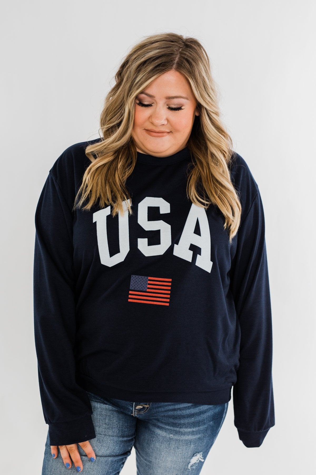 "USA" American Flag Graphic Pullover Top- Navy