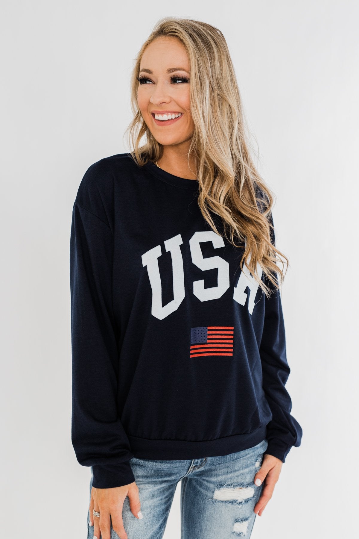 "USA" American Flag Graphic Pullover Top- Navy