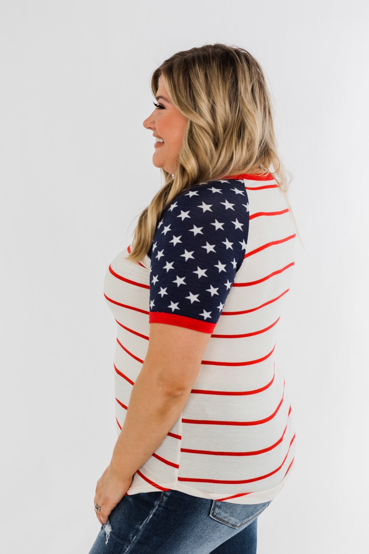 Stars & Stripes Short Sleeve Raglan Top- Red, Ivory, & Navy