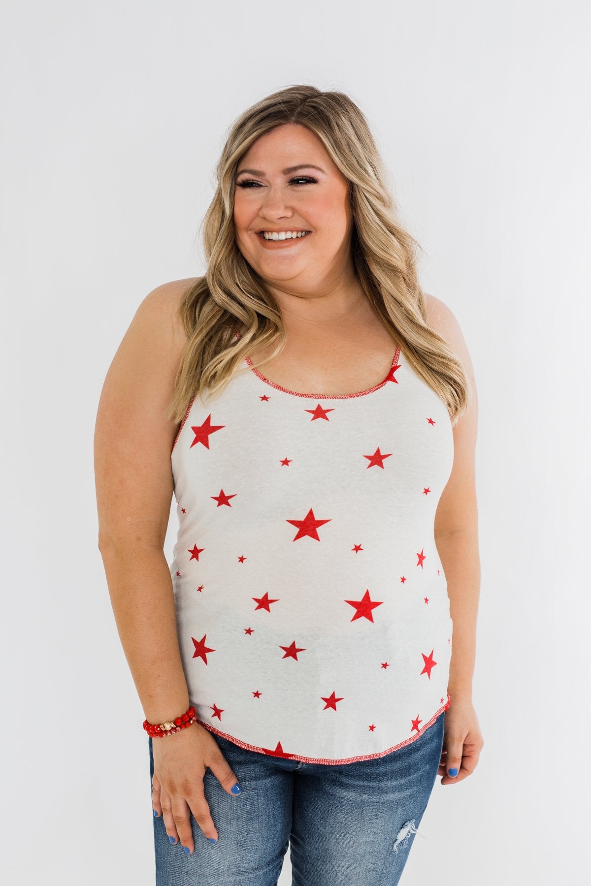 Oh My Stars Printed Tank Top- Ivory & Red