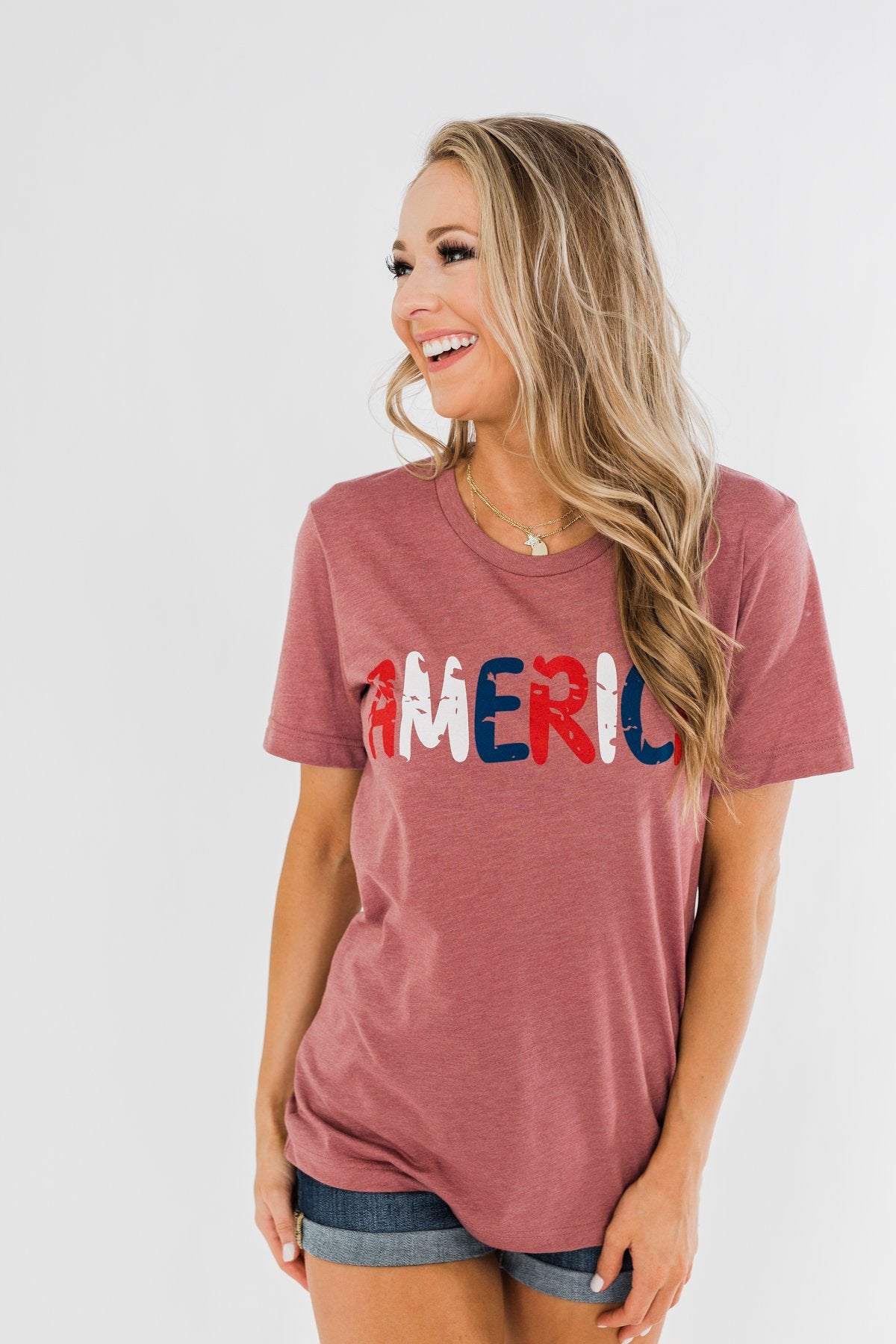 "America" Colorful Graphic Tee- Light Maroon