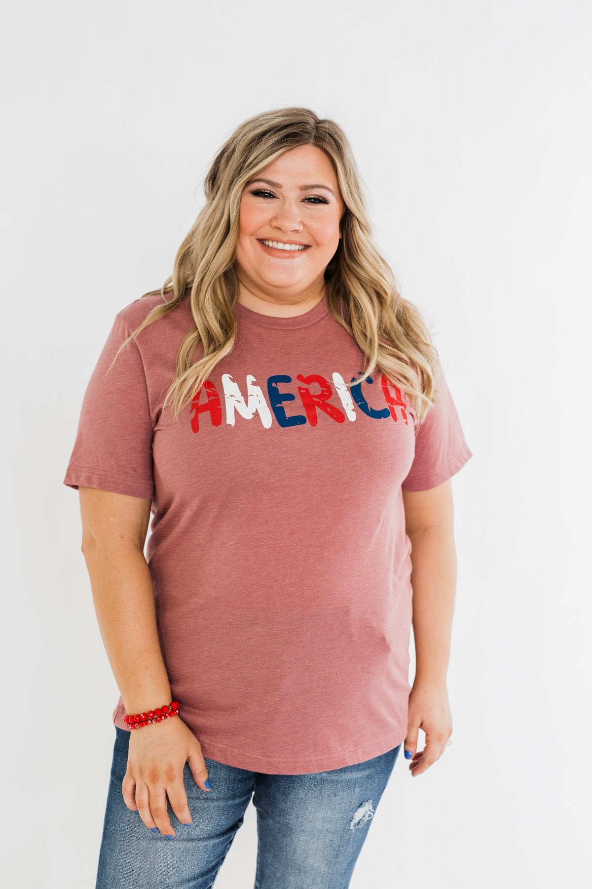 "America" Colorful Graphic Tee- Light Maroon